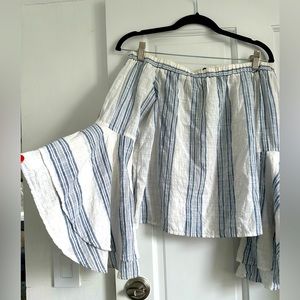 Lucky Brand Off the Shoulder Blue and White Striped Bell Sleeved Blouse Small
